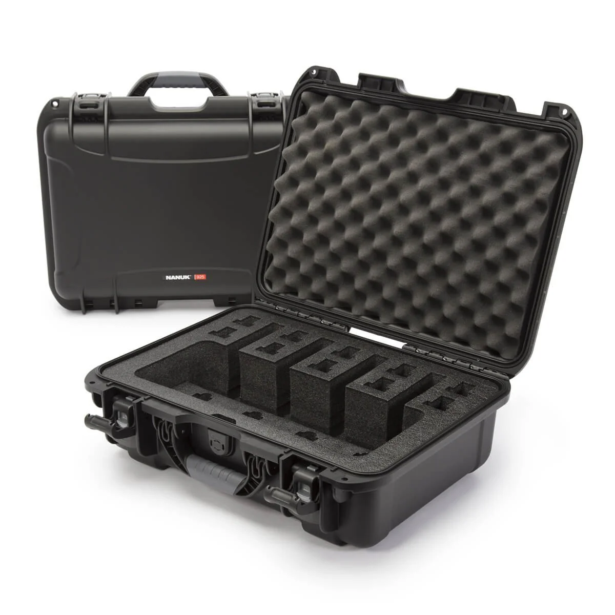 Nanuk 925 Pistol Case open, featuring customizable foam compartments and waterproof hard shell for superior protection.