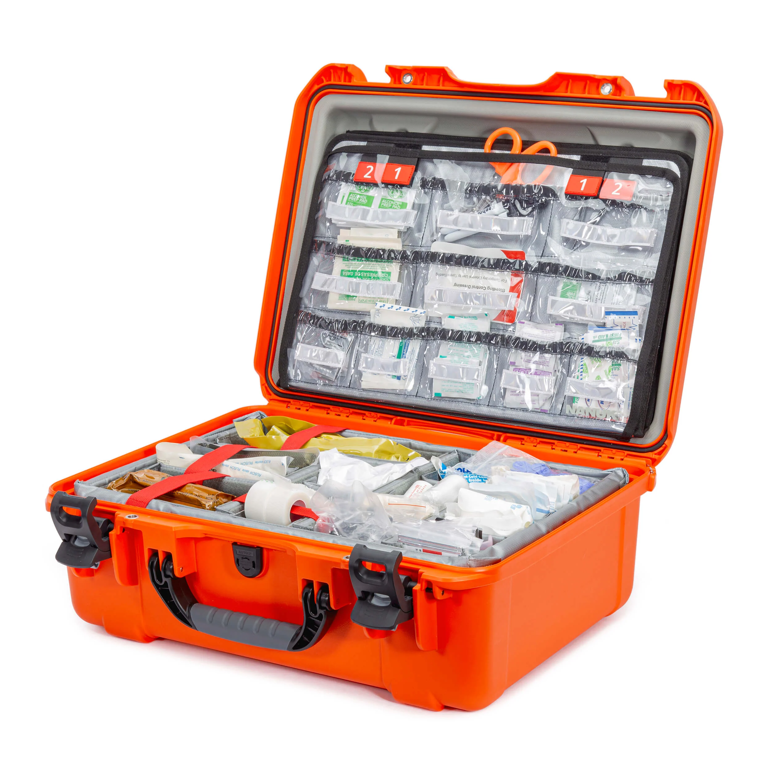 Open Nanuk 940 EMS case in orange, displaying organized medical supplies and equipment for emergency response.