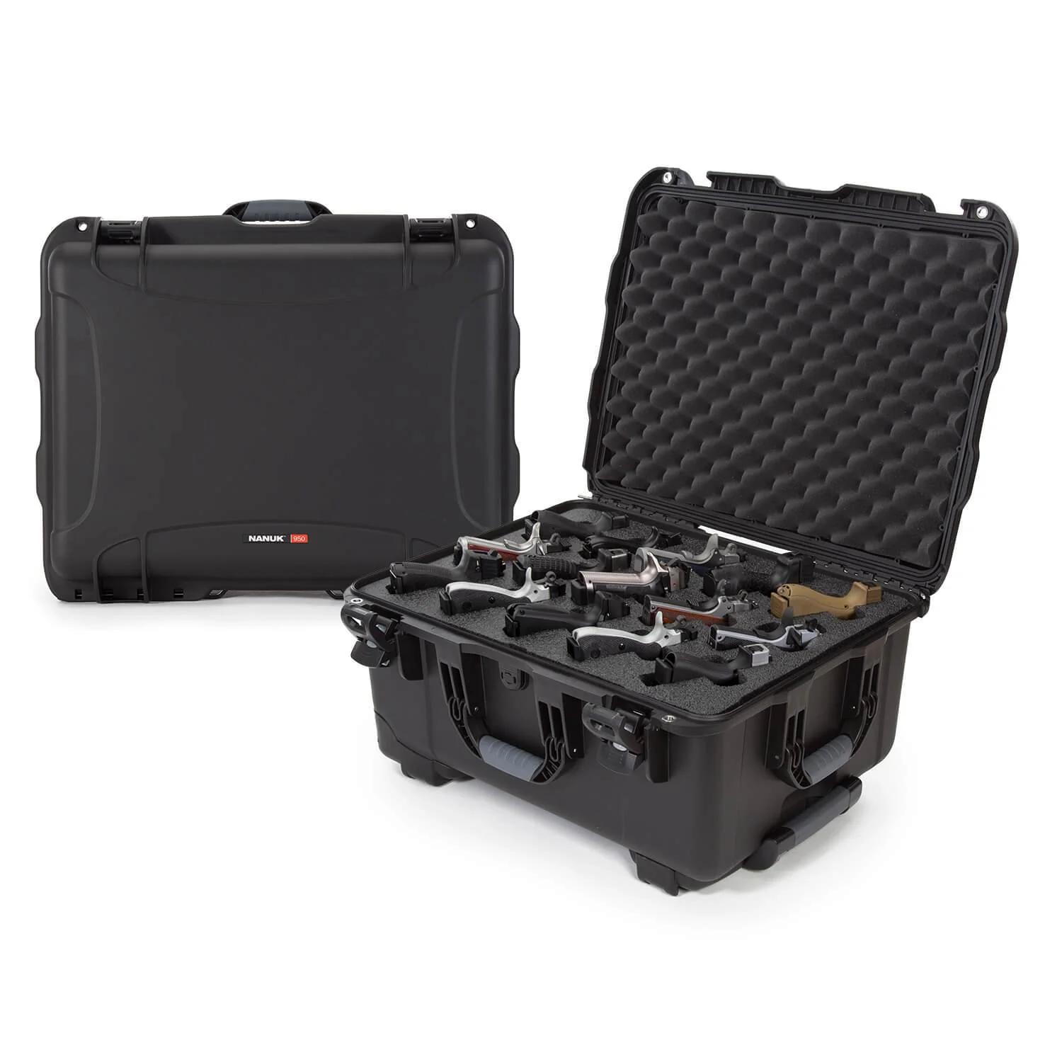 Nanuk 950 hard case with foam insert, designed for secure transport and protection of 15 firearms. Durable and waterproof.