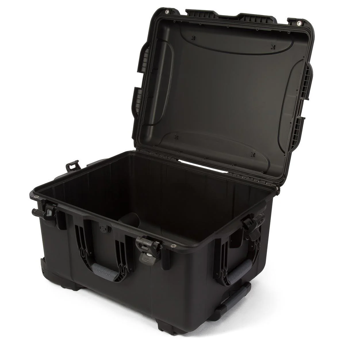 open Nanuk 960 black protective case featuring durable wheels and ergonomic handles for easy transport