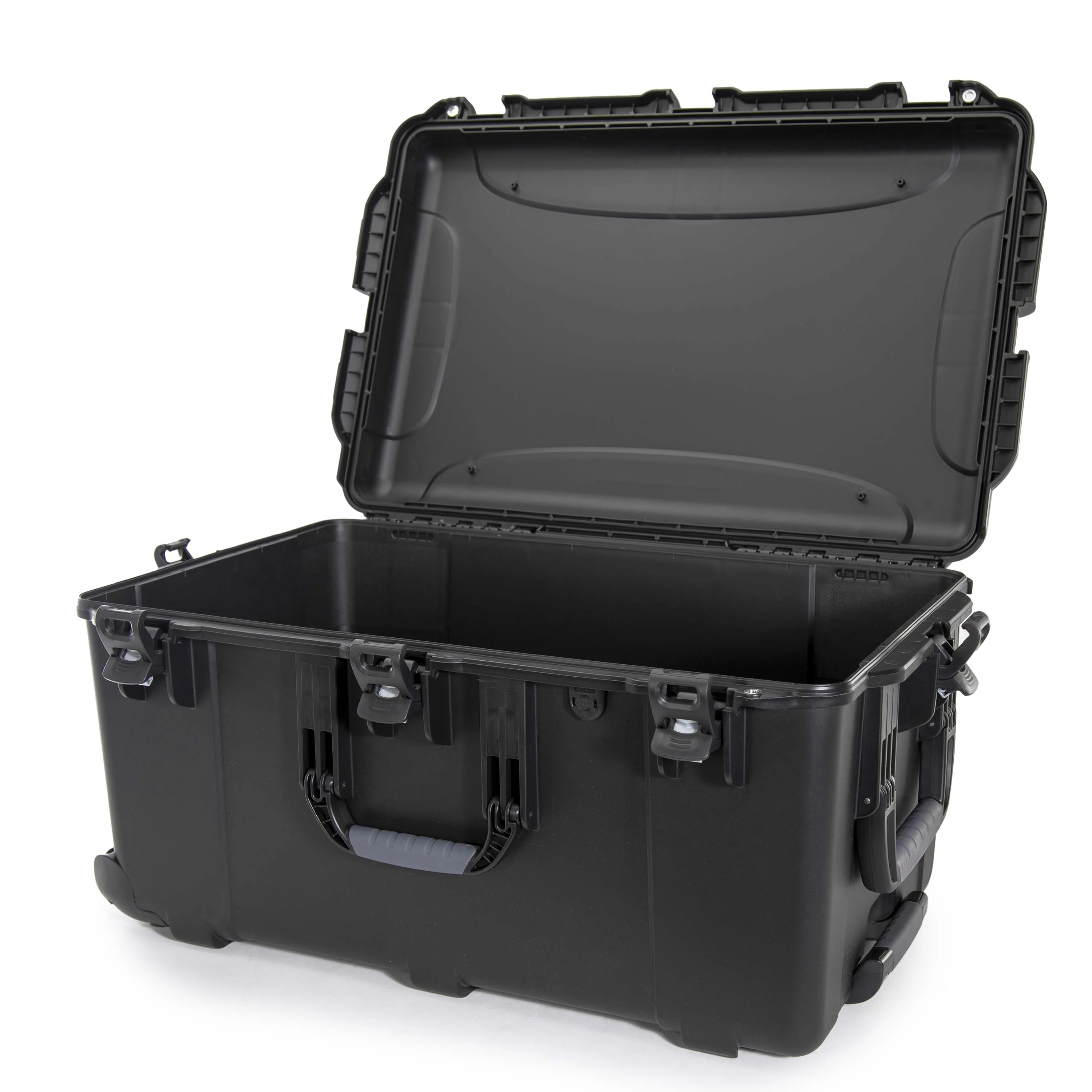 Open Nanuk 965 waterproof hard case in black, showcasing sturdy latches and spacious interior.