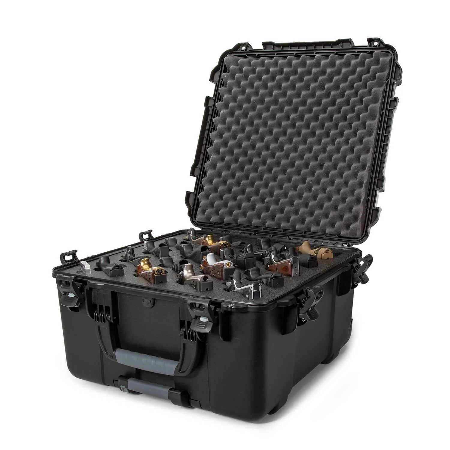 Nanuk 968 Pistol Case with foam insert, securely storing up to 20 handguns and magazines, perfect for firearm safety.