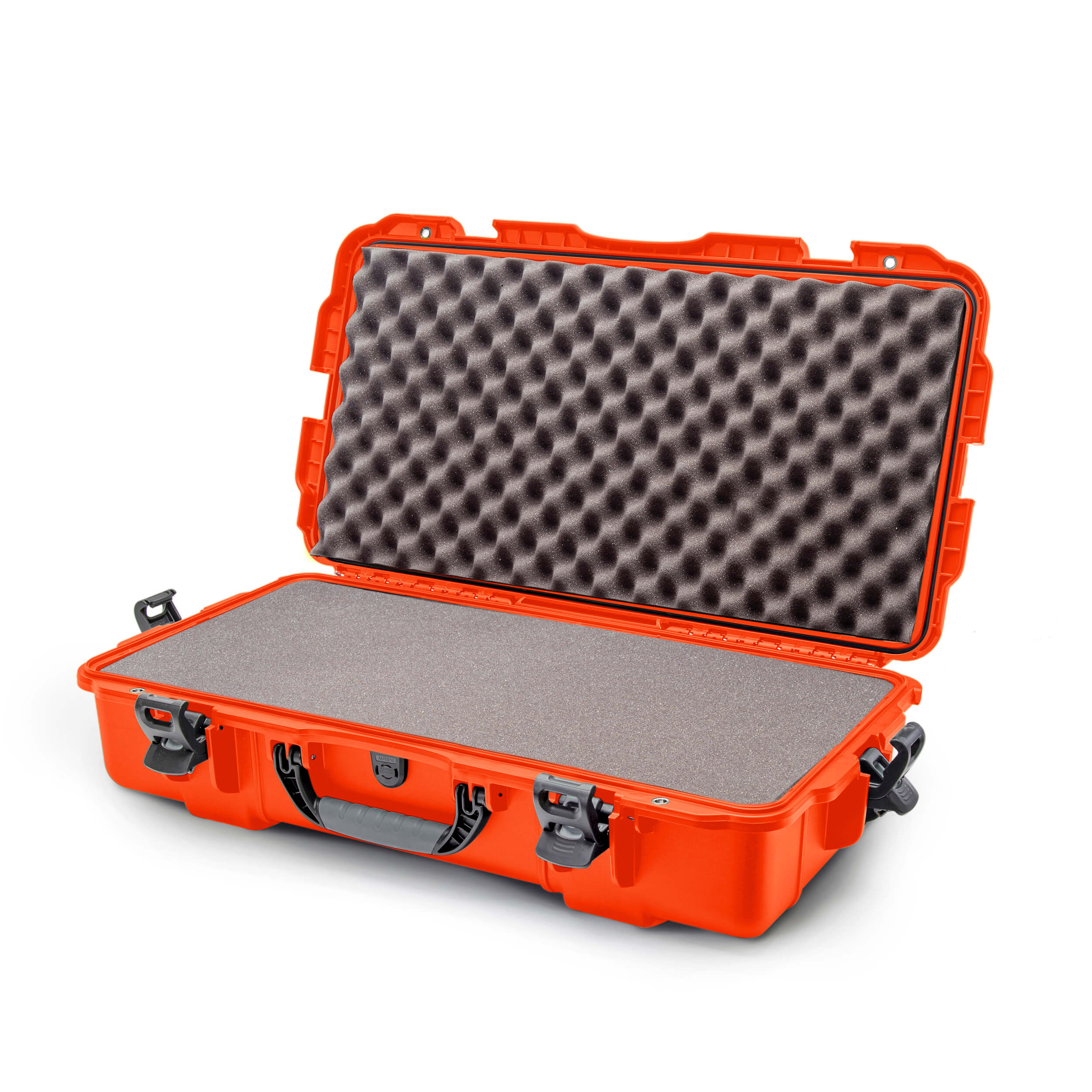 Open Nanuk 980 case with foam interior, showcasing waterproof and crushproof design in vibrant orange color.