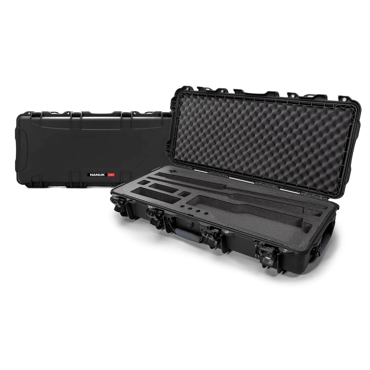 Nanuk 985 waterproof hard case with foam interior, designed for protection and transport of equipment in tough conditions.