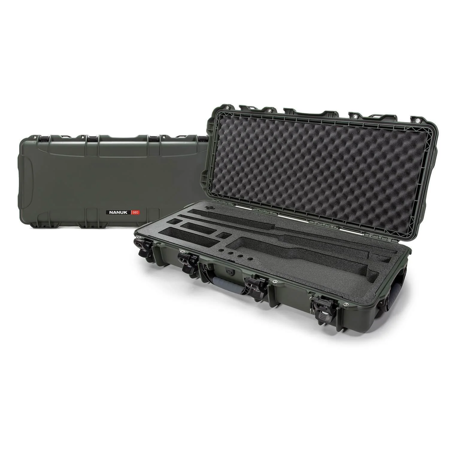 Nanuk 985 Case open showing interior foam padding and compartments, designed for durable protection in tough conditions.