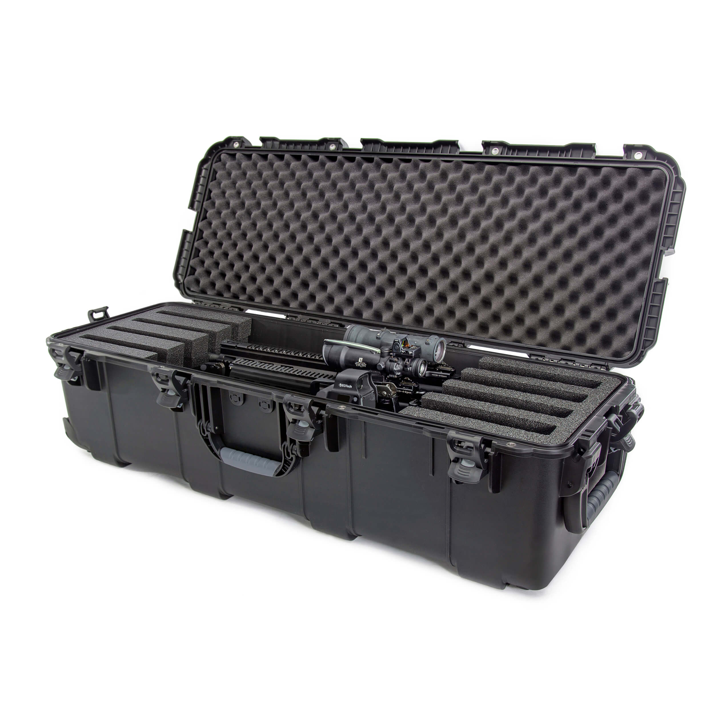 Nanuk 988 case open, showcasing foam interior designed for secure firearm storage and protection.