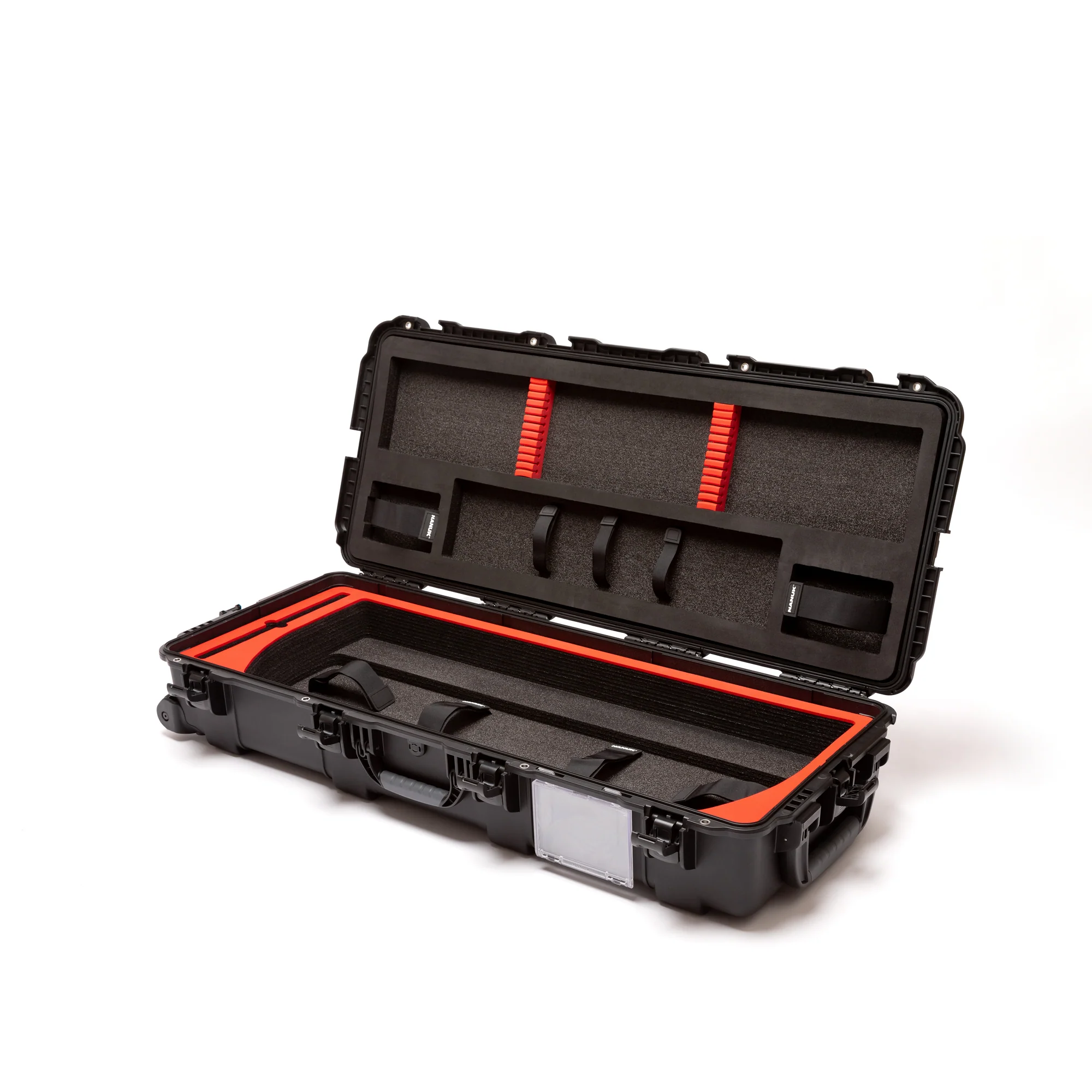 Nanuk 991 Bow Case opened, featuring protective foam and vibrant red accents for secure storage of gear.