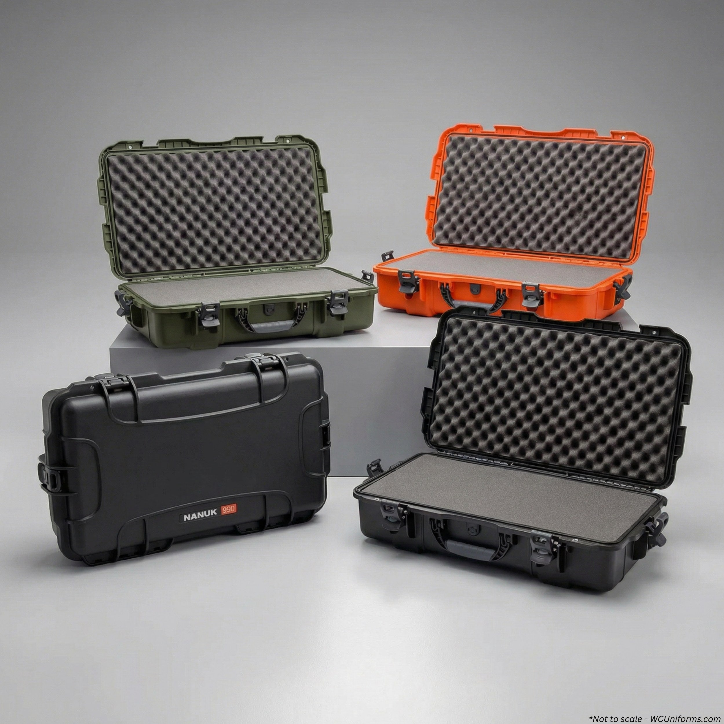 Four protective cases in green, orange, black, and gray on a gray background