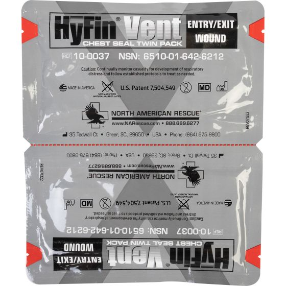 North American Rescue HyFin Vent Chest Seal Twin Pack, effective for open and tension pneumothorax treatment.