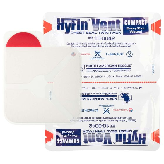 North American Rescue HyFin Vent Compact Chest Seal Twin Pack for treating open pneumothorax in a compact design.
