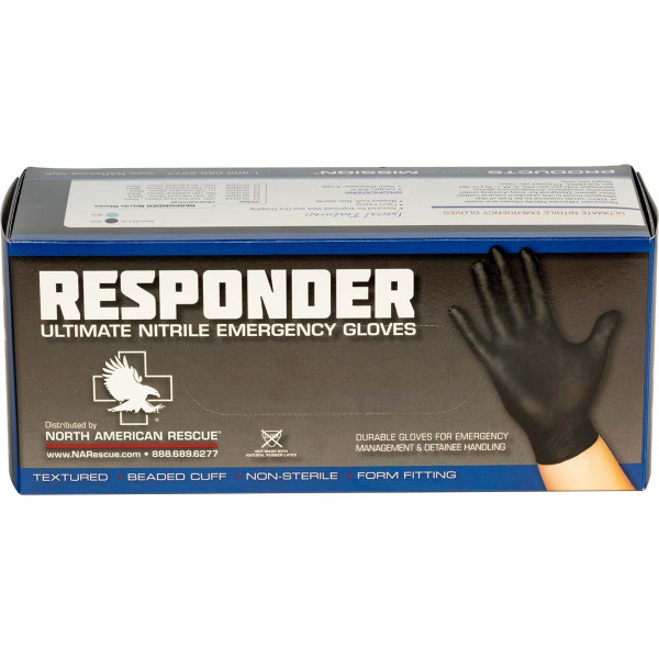 North American Rescue Responder Black Nitrile Gloves box showing durable, textured design for emergency use and safety.