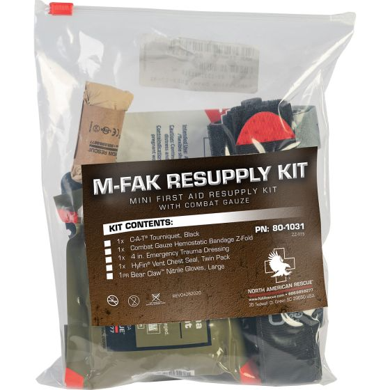 North American Rescue M-FAK Resupply Kit with Combat Gauze, compact first aid kit for critical care and trauma emergencies.