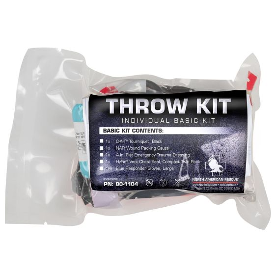 North American Rescue Basic Individual Throw Kit with wound packing gauze and essential emergency medical supplies.