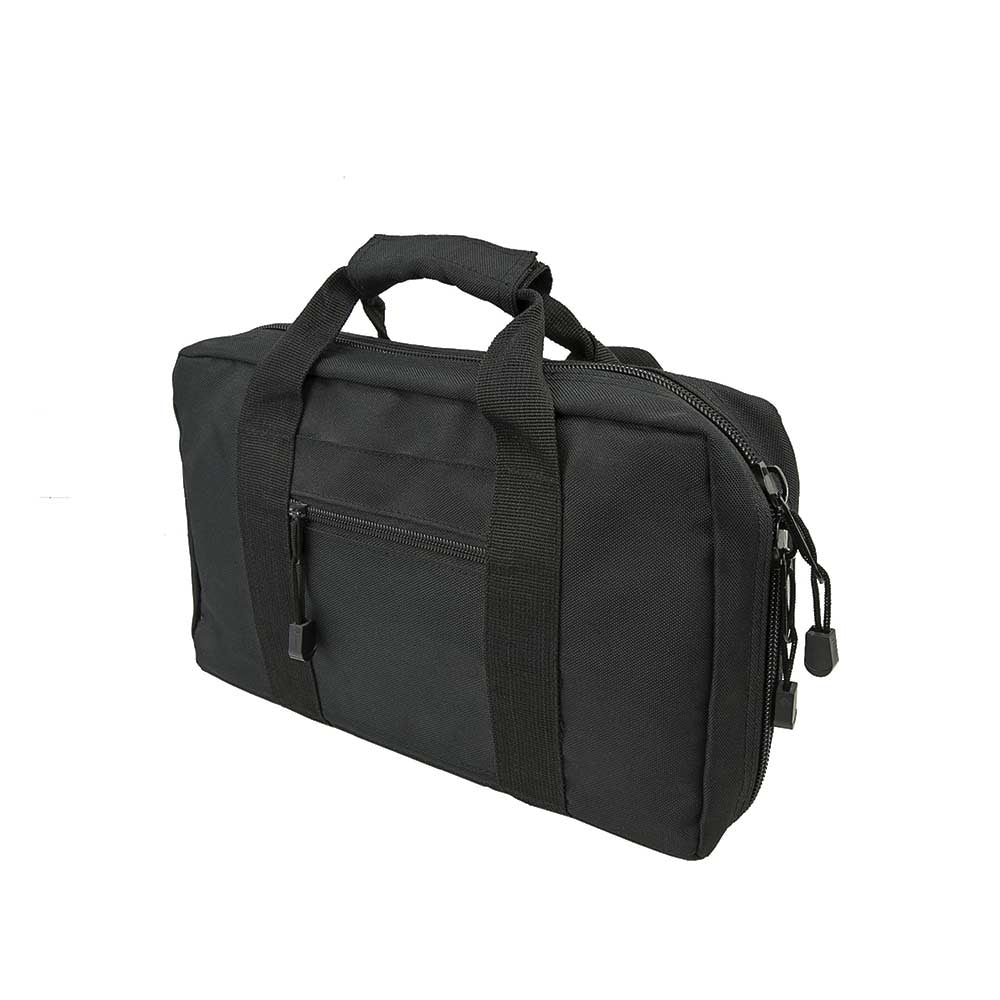 NcSTAR discreet pistol case with padded compartments for safe transport of handguns and small accessories.