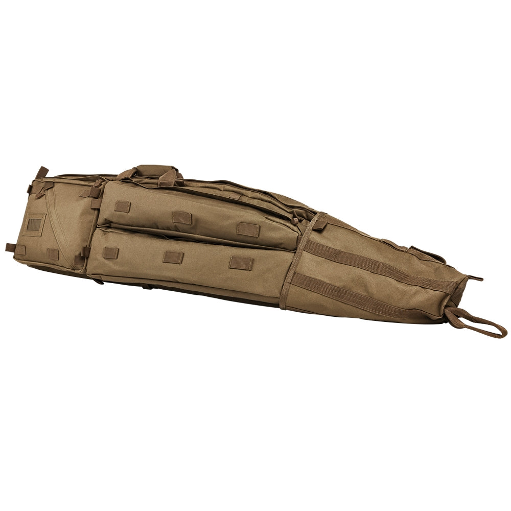 NcSTAR Drag Bag in tan color, designed to hold two rifles with extra storage compartments and durable construction.