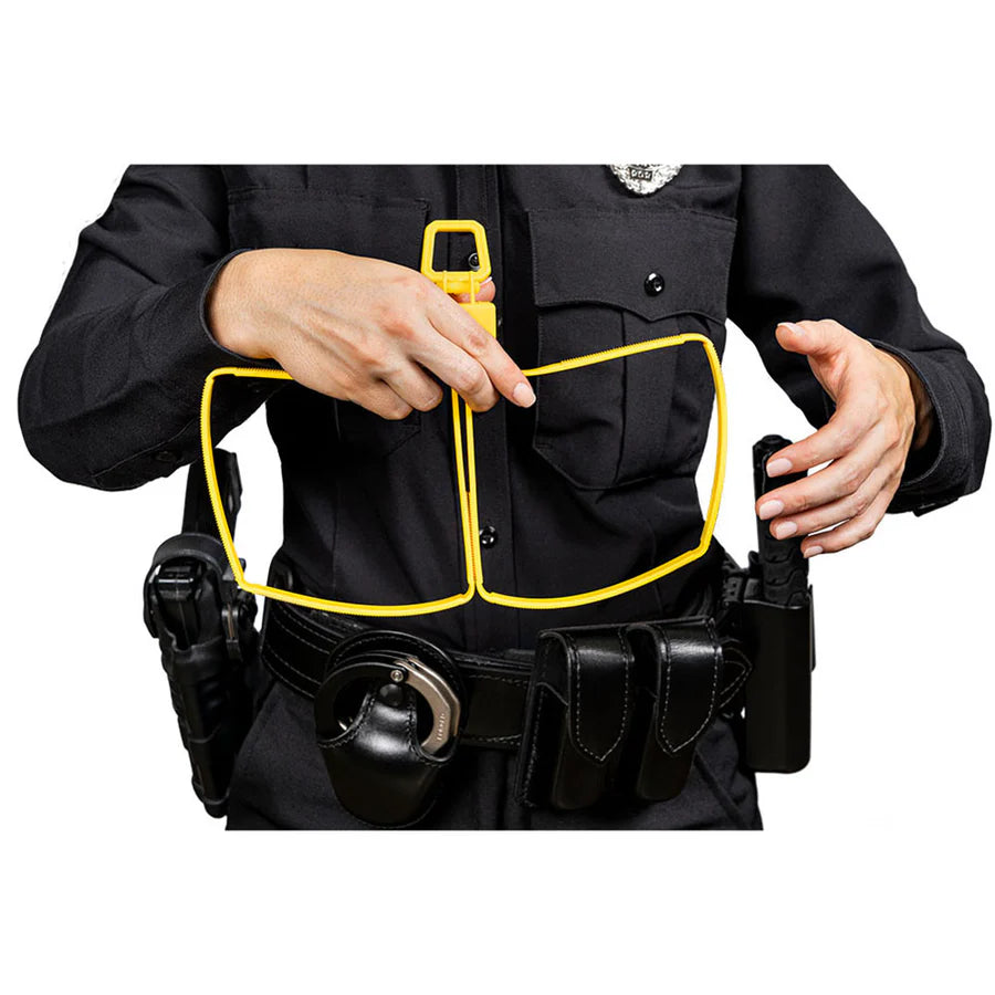 Person wearing a black police uniform with a ASP Yellow Tri-Fold Restraints Disposable Cuffs and police duty belt.