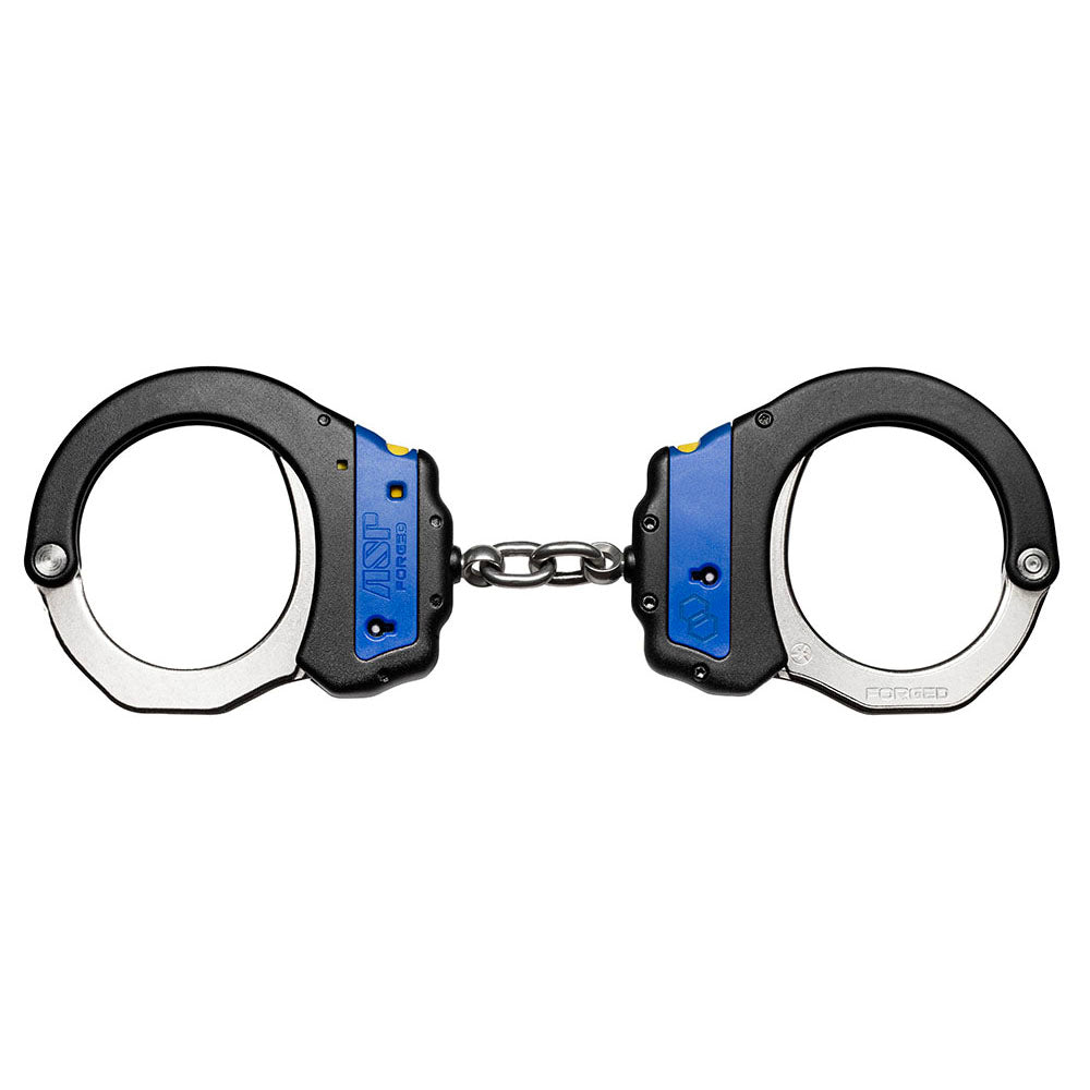 Pair of handcuffs with blue accents on a white background