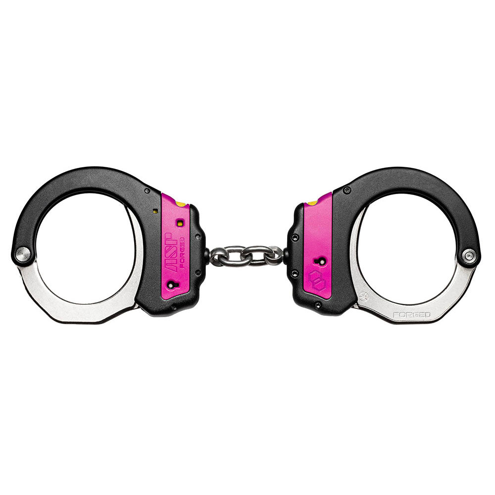 Handcuffs with pink accents on a white background