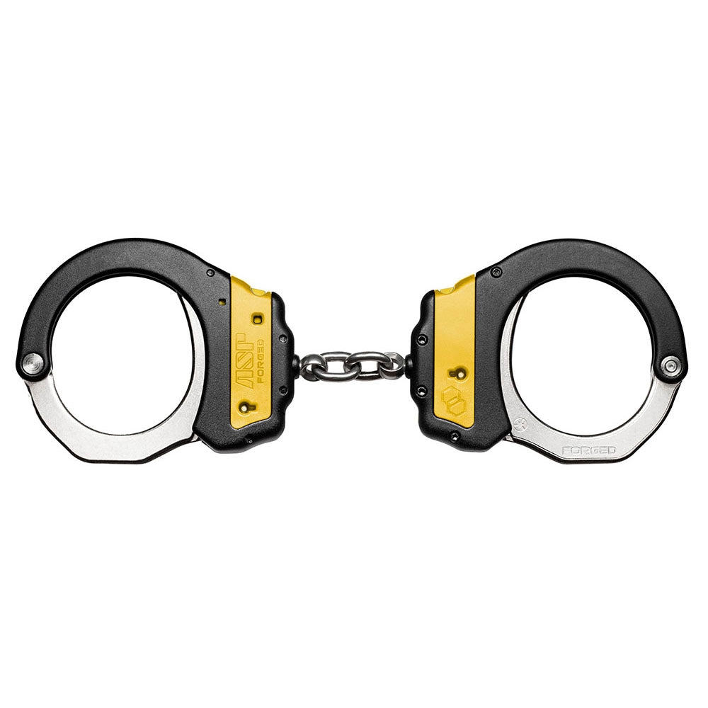 Handcuffs with black and yellow design on a white background