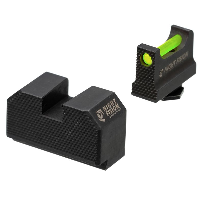 Night Fision fiber optic sight set for Glock, featuring bright green front sight and black rear for improved aiming.