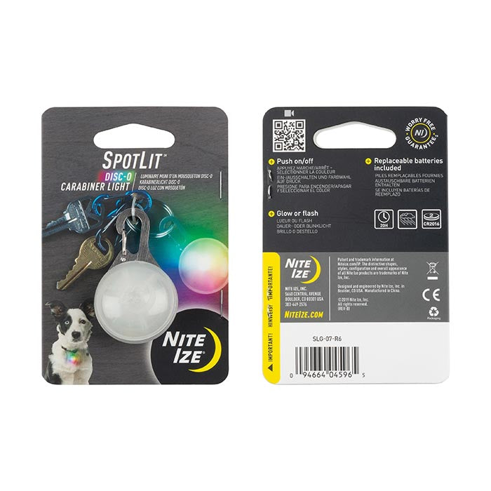 Nite Ize SpotLit Carabiner Light packaging showcasing keychain attachment and LED features for nighttime visibility.