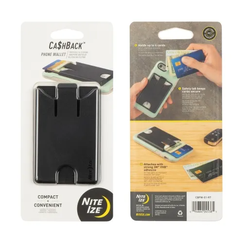 Nite Ize CashBack Phone Wallet packaging showing front and back, holds up to 4 cards, attaches securely to phone.