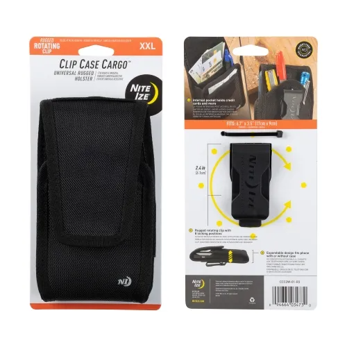 Nite Ize Clip Case Cargo Universal Rugged Holster, durable black design with rotating clip and packaging details.