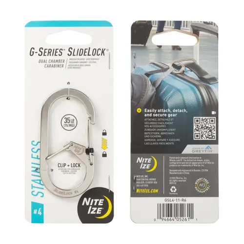 Nite Ize G-Series SlideLock stainless carabiner packaging showcasing dual chamber design and secure locking features.