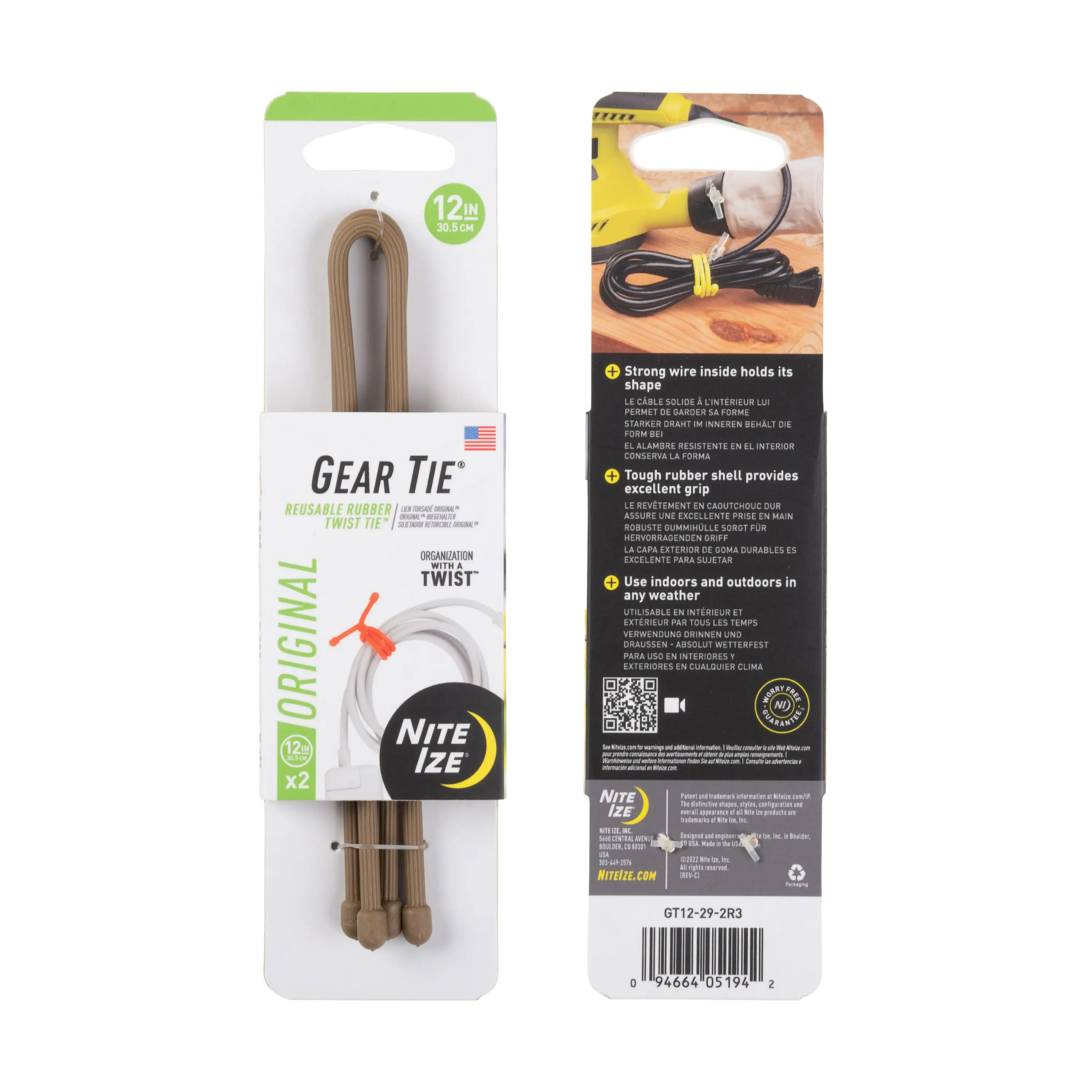 Nite Ize Gear Tie Reusable Rubber Twist Tie packaging showcasing strong, flexible, waterproof ties for secure bundling.