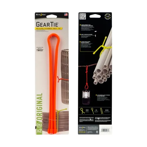 Nite Ize Gear Tie Reusable Rubber Twist Tie package showcasing orange ties for bundling and securing items.