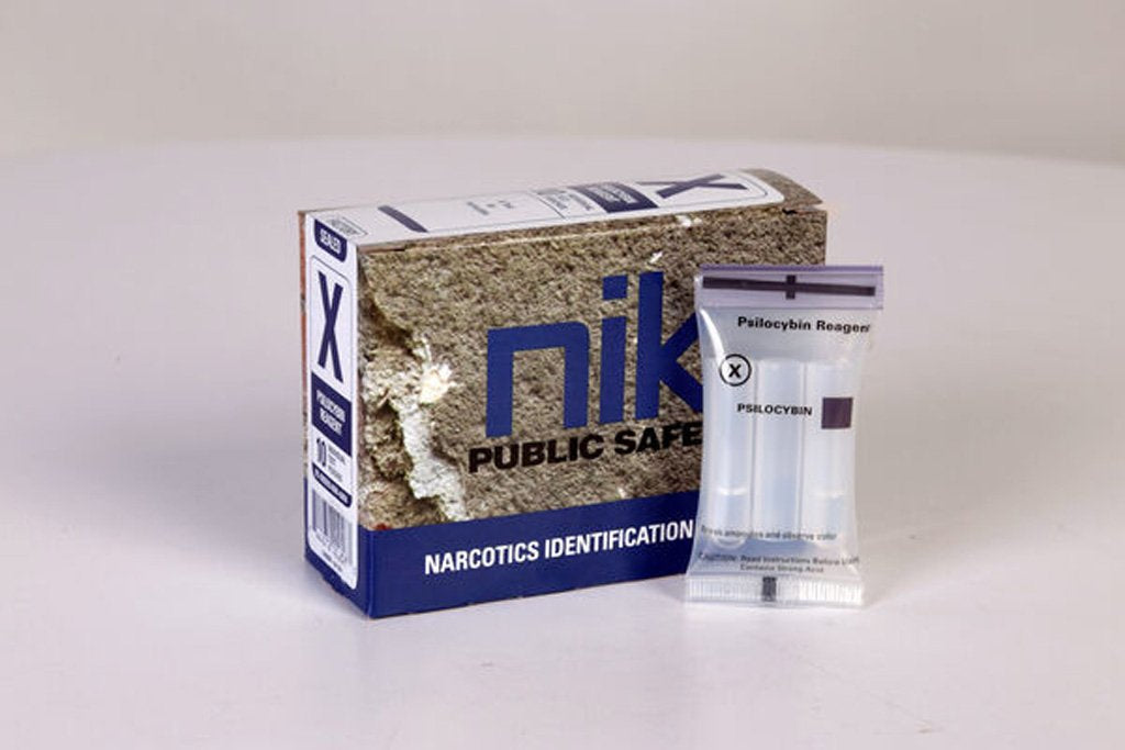 Forensics Source Nik Test X - Psilocybin kit with packaging and reagent for identifying psilocybin in mushrooms.