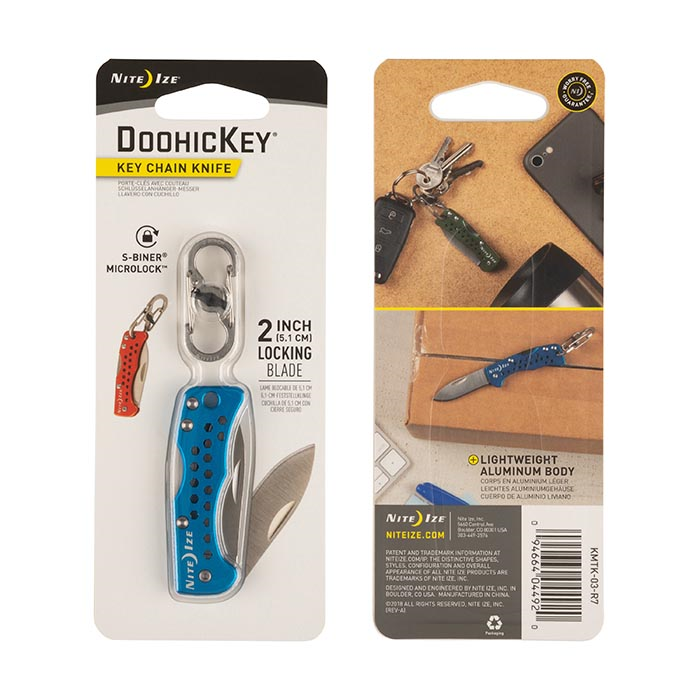 Nite Ize DoohicKey Key Chain Knife with 2-inch locking blade and lightweight aluminum body, featuring vibrant colors for everyday carry.