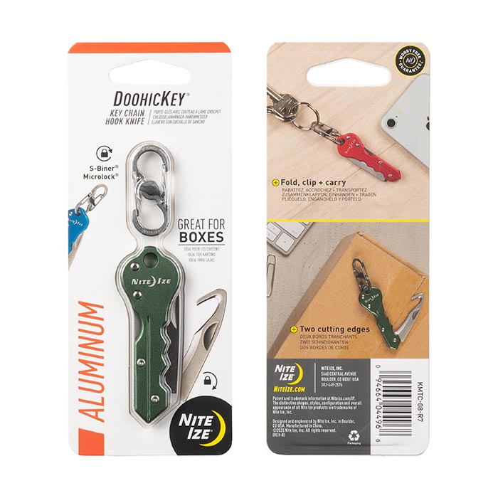 Nite Ize DoohicKey Key Chain Knife packaging showcasing aluminum construction, foldable design, and multiple colors for convenient use.