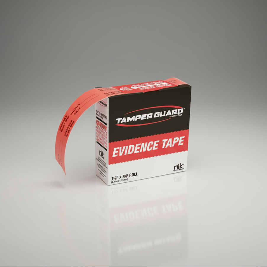 Box of Tamper Guard Evidence Tape with a roll of tape on a gray background