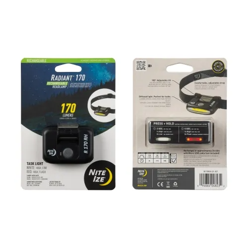 Nite Ize Radiant 170 Rechargeable Headlamp packaging showing bright LED features and usage instructions.