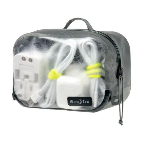 Nite Ize RunOff Waterproof Packing Cube holding chargers and cables, designed for organized travel and waterproof protection.