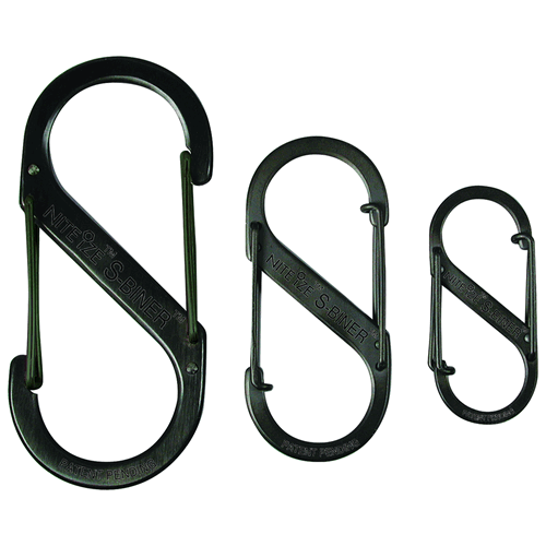 Nite Ize Dual Carabiner set in black stainless steel, showcasing three sizes, ideal for securing and connecting gear and belongings.