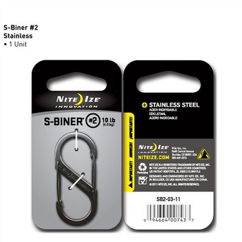 Nite Ize S-Biner #2 stainless steel carabiner on packaging, durable, weather-resistant, holds up to 10 lbs.