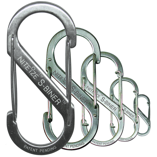 Nite Ize Dual Carabiner in various sizes, made of durable stainless steel for versatile use and secure connections.