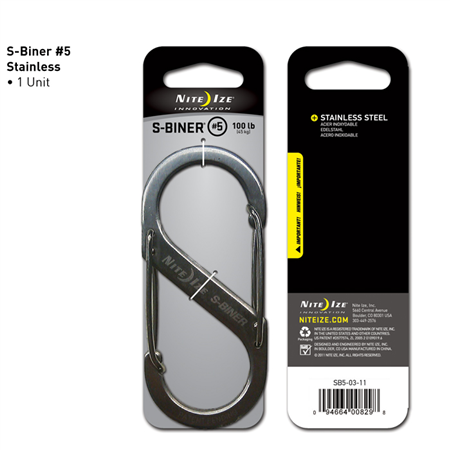 Nite Ize S-Biner #5 stainless steel carabiner, durable dual-gate design for secure holding and connection of gear and keys.