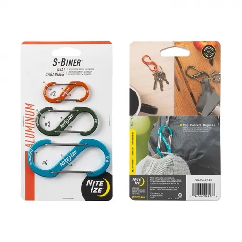 Nite Ize S-Biner Aluminum Dual Carabiner 3 Pack showcasing colorful lightweight carabiners for key and gear attachment.