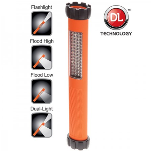 Nightstick multi-purpose flashlight showcasing floodlight and dual-light technology with orange body and LED features.