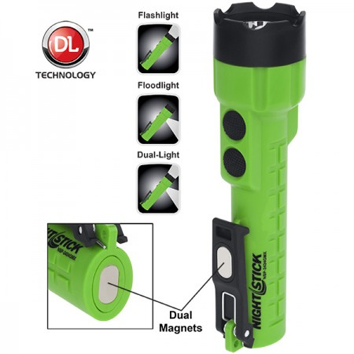 Nightstick X-Series Dual-Light Flashlight in green with dual magnets and flashlight/floodlight controls displayed.