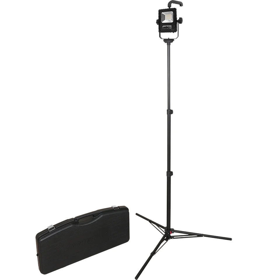 Nightstick 2500-Lumen Rechargeable LED Scene Light with adjustable stand and carrying case for portable use.