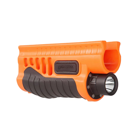 Nightstick shotgun forend light in orange for Remington 870, featuring a super-bright LED and ergonomic grip.