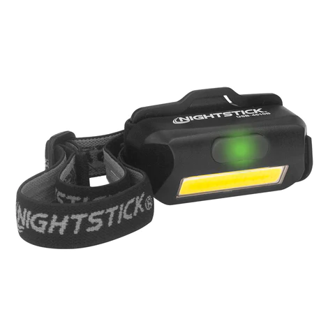 Nightstick Multi-Flood USB Headlamp with green light, adjustable strap, and rugged design for outdoor use.