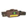 Nightstick Multi-Flood USB Headlamp with brim clip and camouflage strap, featuring white, green, and red light options.