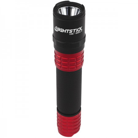 Nightstick USB rechargeable tactical flashlight with a CREE LED, featuring high, medium, low, and strobe modes.