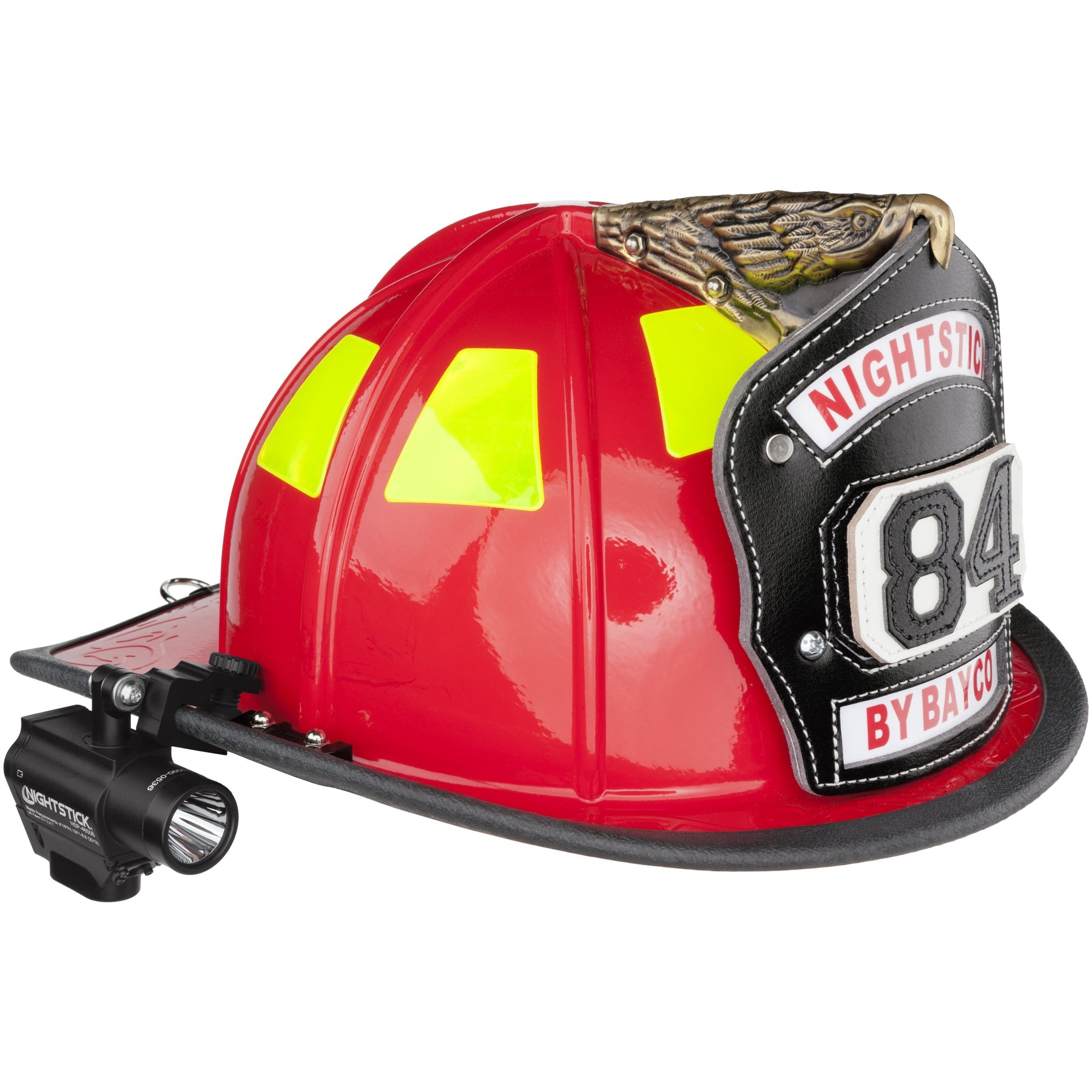 Nightstick NSP-4650B flashlight mounted on a firefighter helmet and angled downward