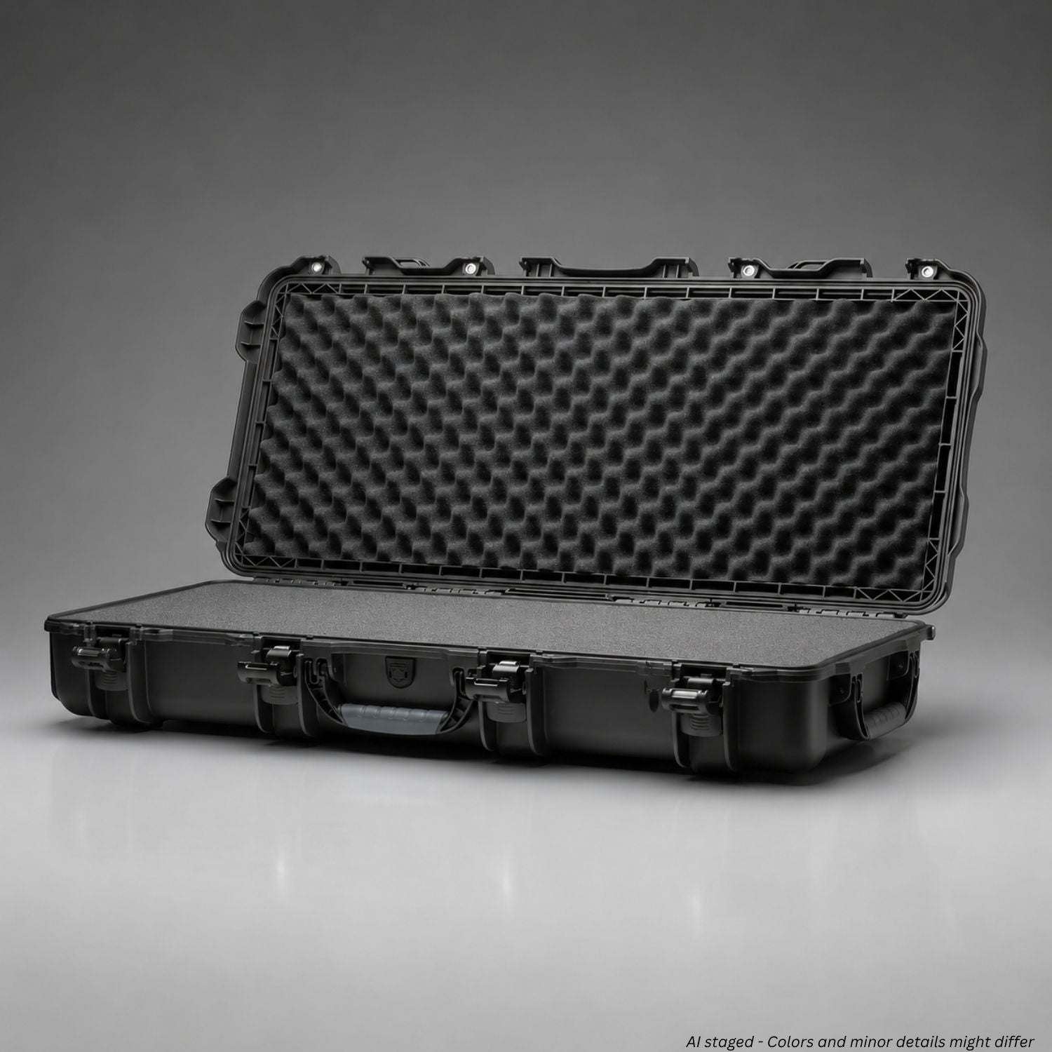 Black hard-shell protective case with foam interior on a gray background